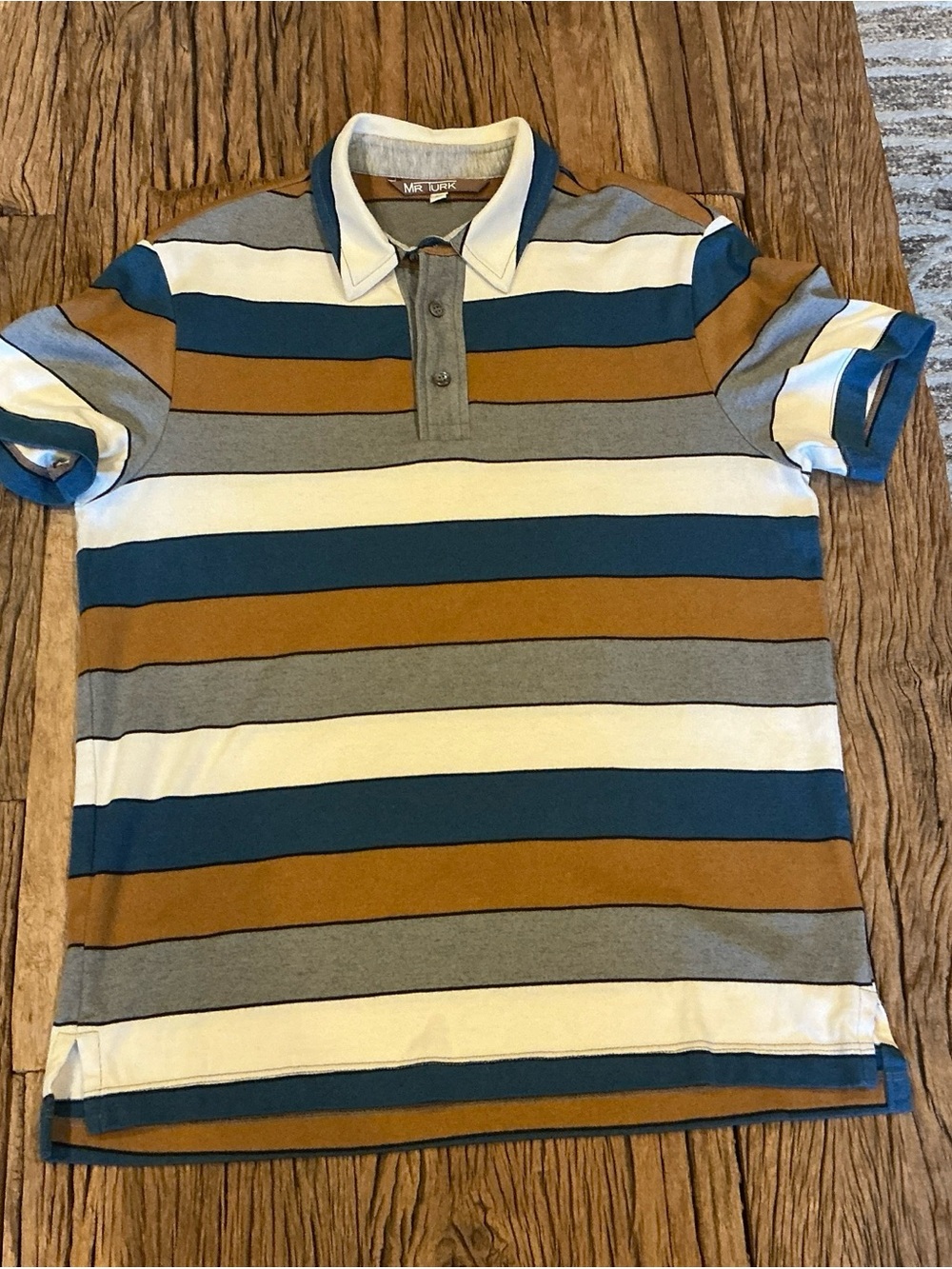 Mr Turk Men's Striped Polo Shirt in Blue, Tan & Gray - Picture 2 of 3